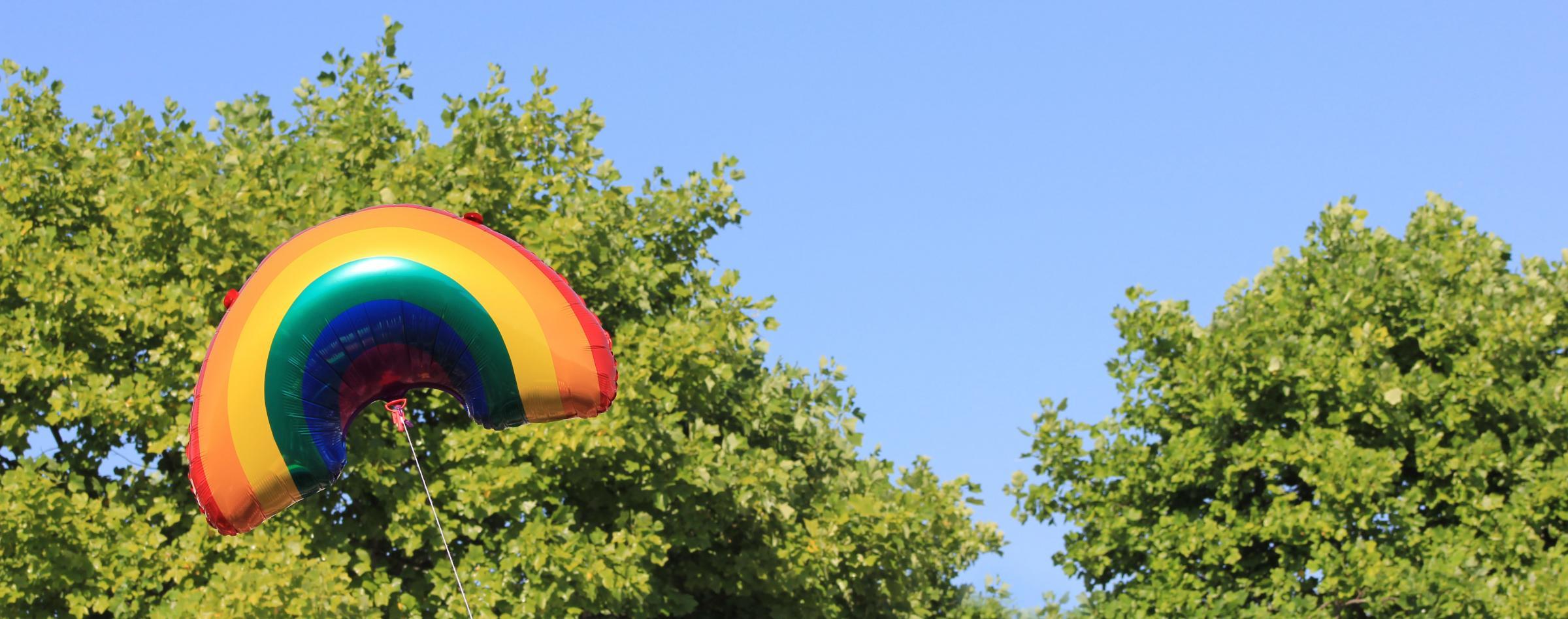 Image of a rainbow shaped balloon floating in front of some trees