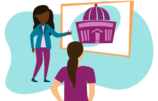 Illustration of a woman showing program options to someone on a slideshow