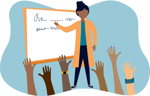 Illustration of teacher in front of many raised hands