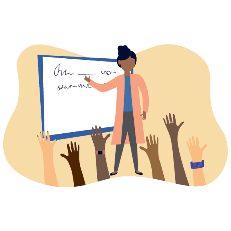 Illustration of a female teacher in front of a classroom of students raising their hands