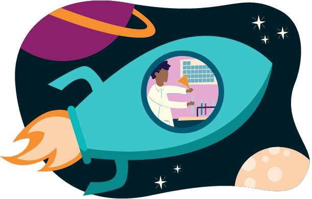 Illustration of a spaceship floating through space with a scientist inside