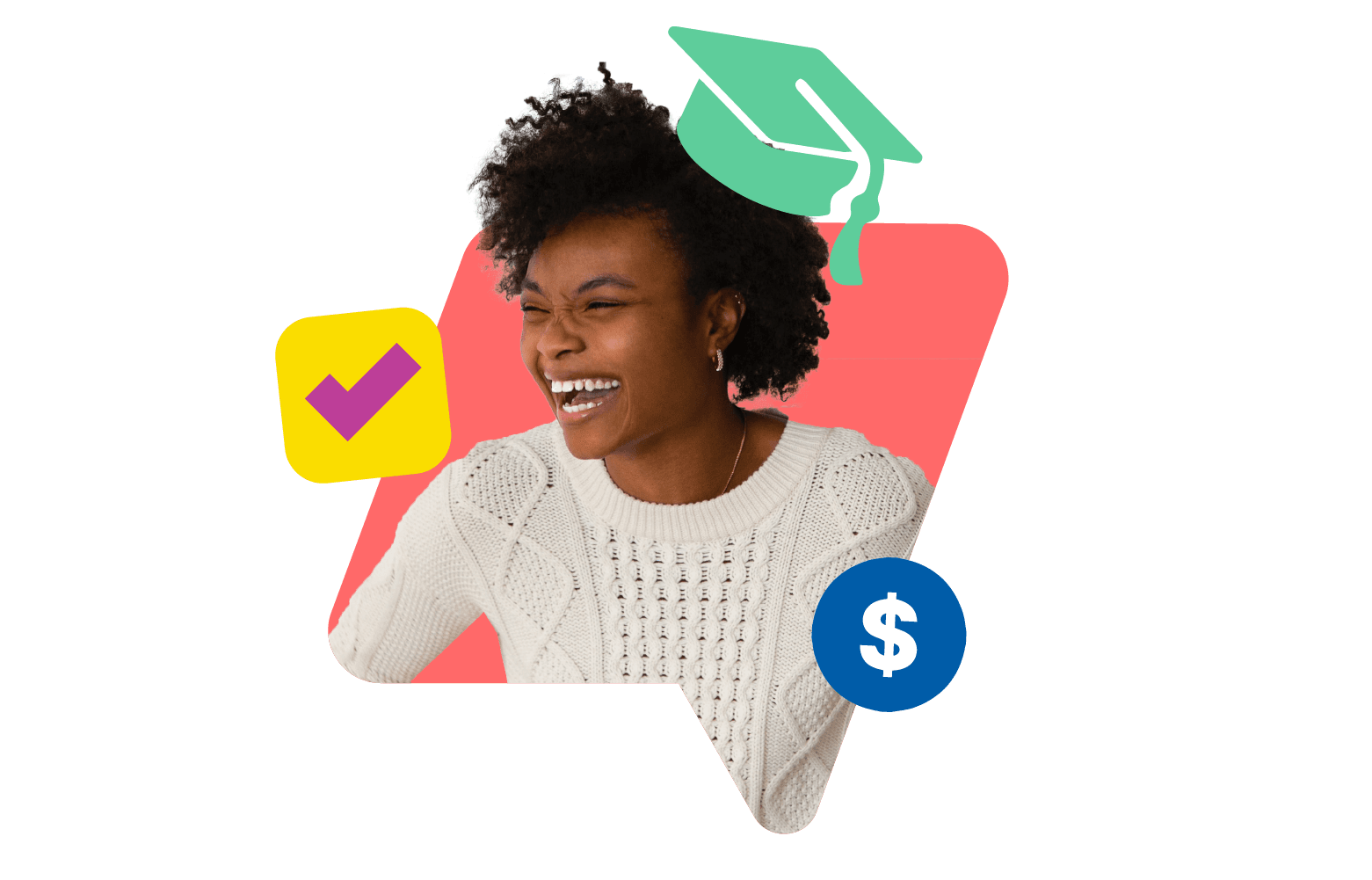 Woman smiling with a colorful icon of a grad hat on her head and a blue dollar sign near her