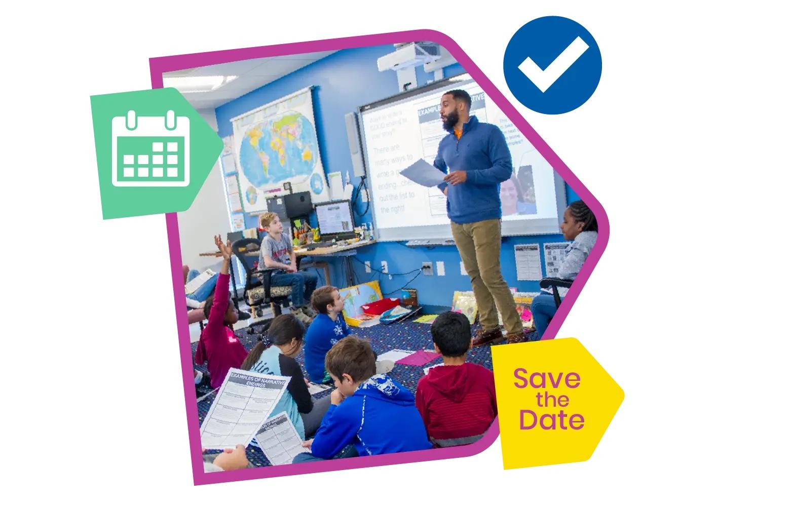 A CT elementary school teacher leads his class in a lesson. A "Save the Date" text box is below the photo.